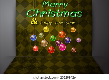 Christmas balls from vector background. Old checker chess square floor abstract background 