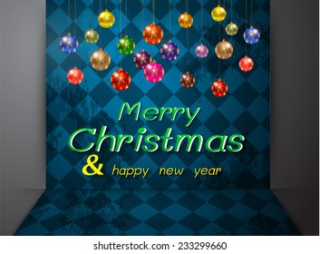Christmas balls from vector background. Old checker chess square floor abstract background 