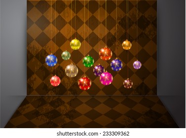 Christmas balls from vector background. Old checker chess square floor abstract background 