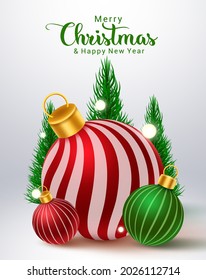 Christmas balls vector design. Merry christmas text with colorful xmas ball pattern element for holiday season ornament decoration background. Vector illustration