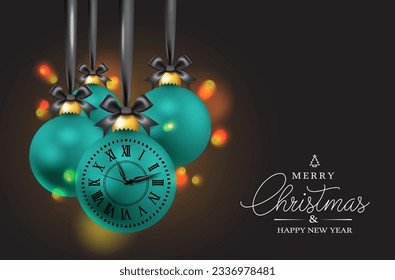 Weihnachtsbälle Vektordesign. Fröhliche Weihnachten und glücklicher Neujahrstext mit Graf-Down-Takt-Dekoration in Weihnachtskugel hängenden Elementen. Vektorgrafik, eleganter Grußkartenhintergrund.