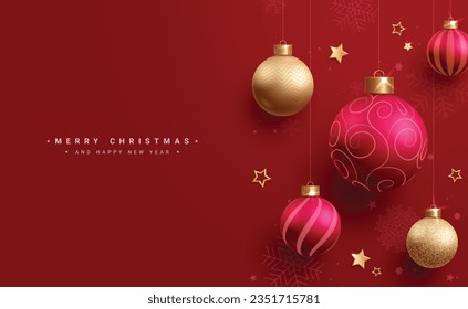 Christmas balls vector design. Merry christmas and happy new year greeting text with red and gold xmas balls hanging ornaments in elegant background. Vector illustration greeting card in red backgroun