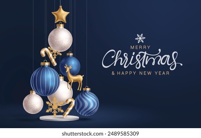 Christmas balls vector design. Merry christmas greeting text with hanging xmas balls, candy cane, snowflakes and stars decoration elements in podium stage elegant blue background. Vector illustration 