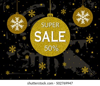 Christmas balls. Vector design. Super SALE 50%. Christmas sale design template.