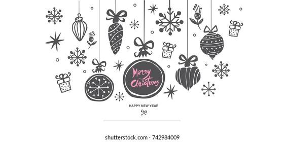 Christmas balls vector greeting card and banner design. Christmas and happy new year decoration. Merry Christmas lettering.