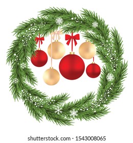 Christmas balls. Vector illustration. Fir tree branch. White snowflakes. New Year's holidays. Christmas tree decoration. Isolated. Wreath.