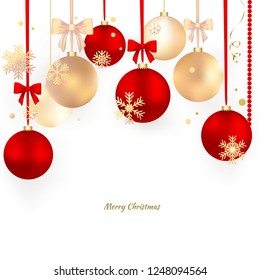 Christmas balls. Vector illustration. Snowflakes. Bow. Red. White.