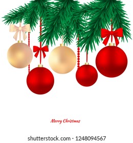 Christmas balls. Vector illustration. Snowflakes. Bow. Red. White. Christmas tree. Green