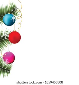 Christmas balls. Vector illustration. Snowflakes. Red. White. Fir branches. Green. New Year. Christmas background. Border.