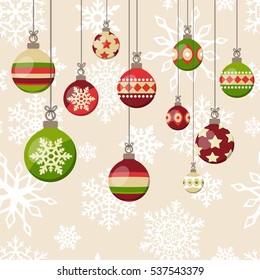 Christmas balls vector poster. Xmas postcard illustration.