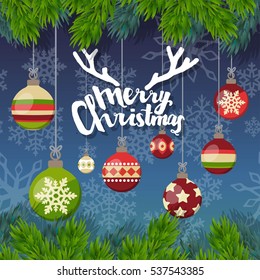 Christmas balls vector poster. Xmas postcard illustration.