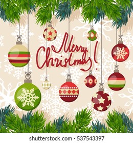 Christmas balls vector poster. Xmas postcard illustration.