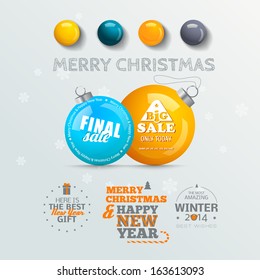Christmas balls. Christmas vector with sale labels.