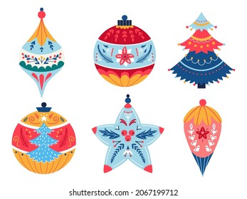 Christmas balls vector set. Decor elements with ornament. Bauble in vintage style. Isolated on white background.