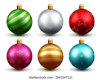 Christmas balls vector set design. Colorful 3d realistic christmas ball with xmas print and patterns isolated in white background for holiday ornament decoration. Vector illustration.
