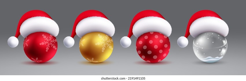 Christmas balls vector set design. Christmas ball 3d realistic with santa hat element collection in decorative pattern for 3d xmas decor. Vector illustration.
