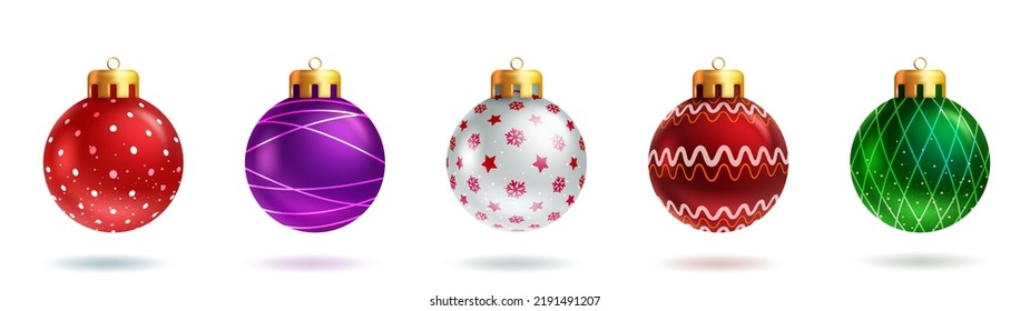 Christmas balls vector set design. 3d realistic xmas decoration balls with creative patterns and colors of red, green and purple for colorful xmas ornament collection. Vector illustration. 
