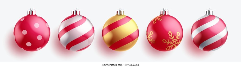 Christmas balls vector set design. Christmas decoration ball with stripe, circle and snowflakes pattern in red, white and gold colors for 3d xmas collection. Vector illustration.
