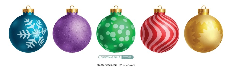 Christmas balls vector set design. Colorful christmas ball 3d realistic elements with glitter, snowflakes, shiny and glossy pattern isolated in white background. Vector illustration xmas bauble 