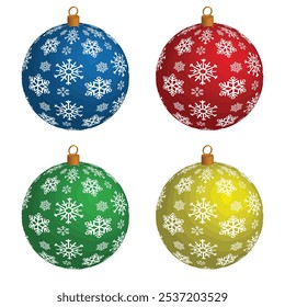 Christmas balls vector set design. Christmas ball with snowflakes pattern and in white isolated background for holiday season ornament decoration. Vector illustration xmas bauble collection design