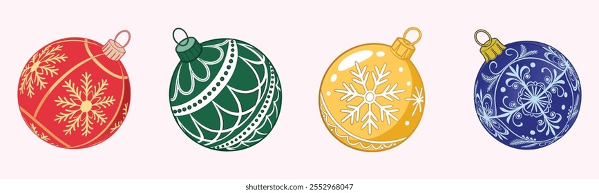 Bolas de Navidad diseño de conjunto de Vector con adornos con patrones de copo de nieve, sobre un fondo blanco, perfecto para la decoración de la temporada navideña. Ilustración vectorial.