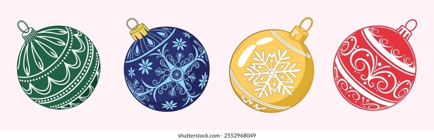 Bolas de Navidad diseño de conjunto de Vector con adornos con patrones de copo de nieve, sobre un fondo blanco, perfecto para la decoración de la temporada navideña. Ilustración vectorial.