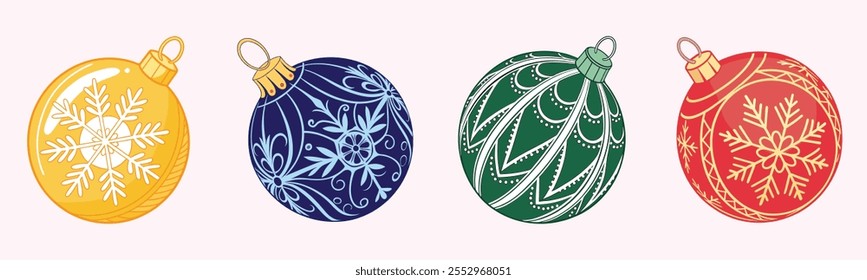 Bolas de Navidad diseño de conjunto de Vector con adornos con patrones de copo de nieve, sobre un fondo blanco, perfecto para la decoración de la temporada navideña. Ilustración vectorial.