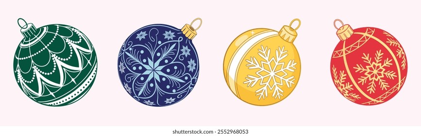 Bolas de Navidad diseño de conjunto de Vector con adornos con patrones de copo de nieve, sobre un fondo blanco, perfecto para la decoración de la temporada navideña. Ilustración vectorial.