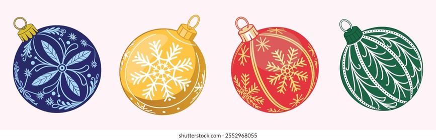 Bolas de Navidad diseño de conjunto de Vector con adornos con patrones de copo de nieve, sobre un fondo blanco, perfecto para la decoración de la temporada navideña. Ilustración vectorial.