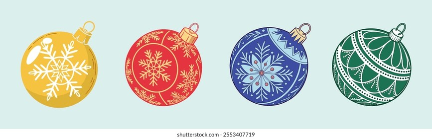 Christmas balls vector set design featuring ornaments with snowflake patterns, set against a white background, perfect for holiday season decoration.