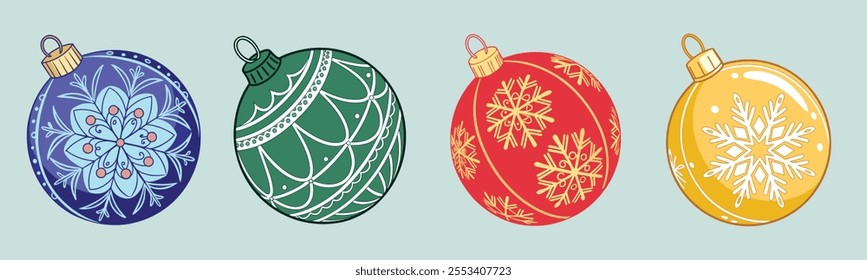 Christmas balls vector set design featuring ornaments with snowflake patterns, set against a white background, perfect for holiday season decoration.