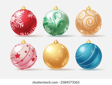 Christmas balls vector set design. Christmas ball in elegant glittery, glossy and shiny pattern and print for Christmas elements decoration. Vector illustration Christmas balls collection. 
