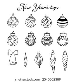 Christmas balls vector set of New Year's toys doodle hand-drawn black and white on a white background many different types of toys for the New Year