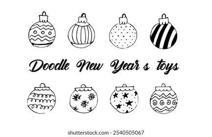 Christmas balls vector set of New Year's toys doodle hand-drawn black and white on a white background many different types of toys for the New Year
