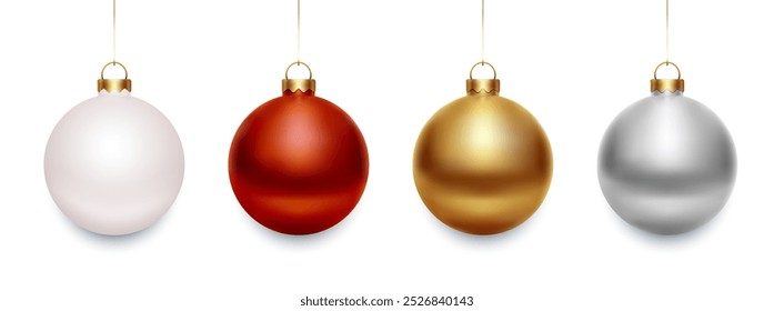 Conjunto de vetor de bolas de Natal. Balas em 3D brilhantes e brilhantes em vermelho, branco, ouro e prata. Ornamentos de Decoração de Férias de inverno.