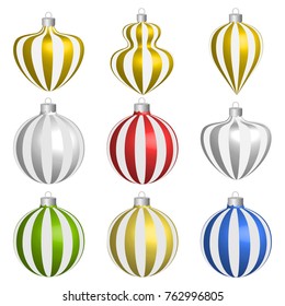 Christmas balls with vertical stripes. Set of isolated realistic decorations on white background. Vector illustration.