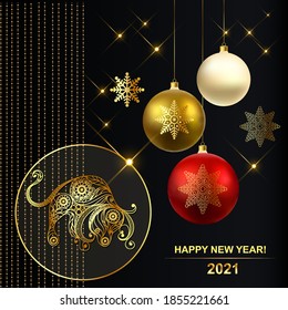 Christmas balls. White metal ox-symbol of 2021. Chinese New Year. Vector illustration.