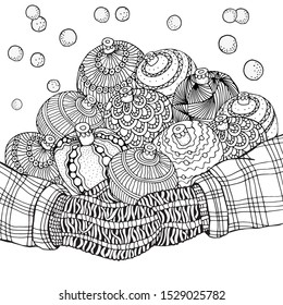 Christmas balls. Winter pattern for coloring book. New year hand-drawn decorative elements in vector. Black and white. Zentangle