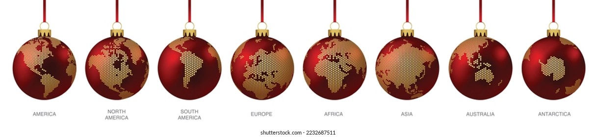 Bolas de Navidad con el globo punteado mundial - Mapas - Continente - América Europa Europa Europa África Australia  
Vector