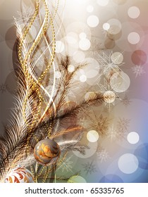 Christmas balls at the xmas glow background for holiday design. With fur tree