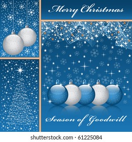 Christmas balls, xmas tree, snowflakes and stars set on a blue background. Raster also available.