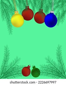 Christmas balls yellow, red, blue, green, palm leaf decorations, Christmas templates, greeting cards, vector illustrations