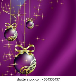 Christmas balls.Christmas card.Purple christmas background.
