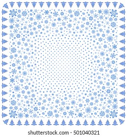 Christmas Bandanna Design. Frame of blue snowflakes and Xmas trees on a white background. Squared polka dot pattern.