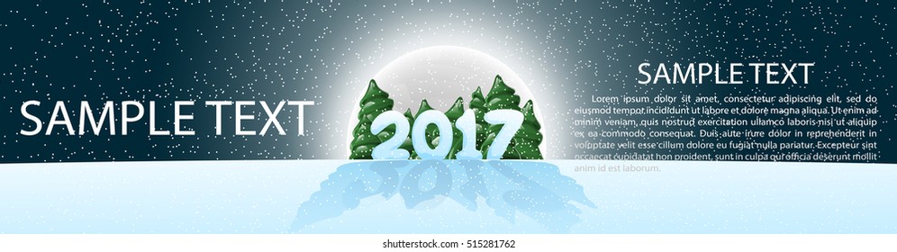 Christmas, banner 2017, panoramma.  Vector illustration with design elements. Moonlight. The night the starry sky. Banner for your website design. Cartoon Style.