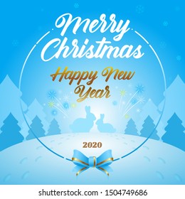 Christmas banner 2020, bunnies in the winter forest. Template with place for your text. Greeting card, invitation to the holiday. Vector 