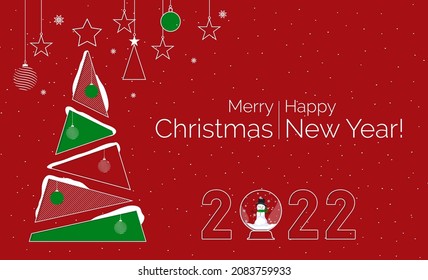 Christmas banner 2022. Red background Xmas design of sparkling lights garland. Horizontal poster, greeting cards, headers, website. Christmas tree. Christmas and New Year background. 