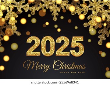 Christmas banner 2025 golden snowflakes on top. Golden glitter and bright bokeh. Happy New Year Realistic Illustration Black Background Vector