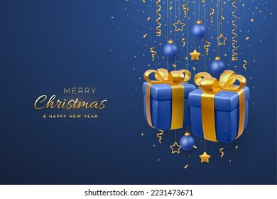 Christmas banner with 3D gift boxes with golden bows, hanging gold metallic stars and balls on blue background. Merry christmas greeting card. Holiday Xmas and New Year poster. Vector Illustration.