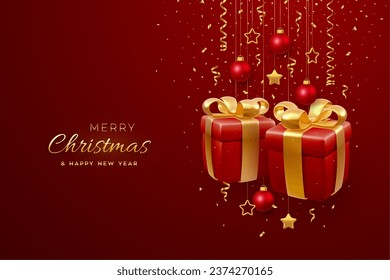 Christmas banner with 3D gift boxes with golden bows, hanging gold metallic stars and balls on red background. Merry christmas greeting card. Holiday Xmas and New Year poster. Vector Illustration.